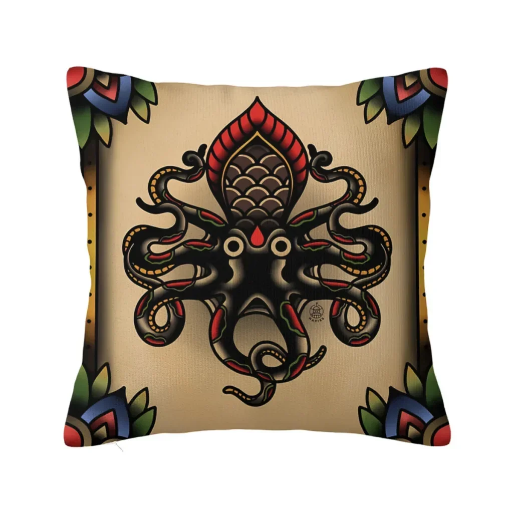 Traditional Tattoo Octopus  Polyester Cushion Cover For Home Chair Decorative Washable Coussincase throw pillows