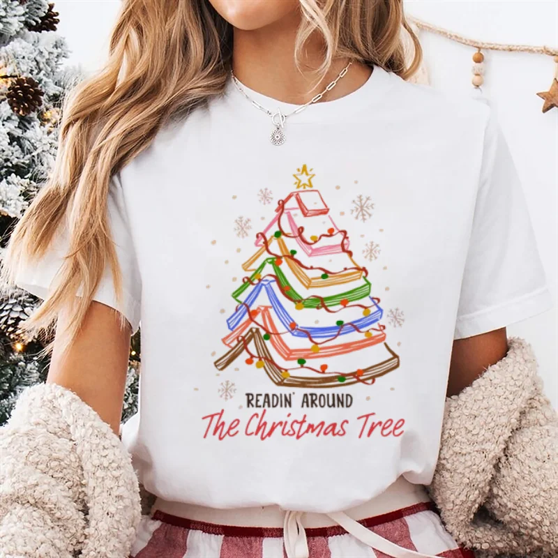 Pattern Book Christmas Tree Lamp Print New Year T-Shirt Cute Casual Style Round Neck Women's Street Sweet T-Shirt Women's Top