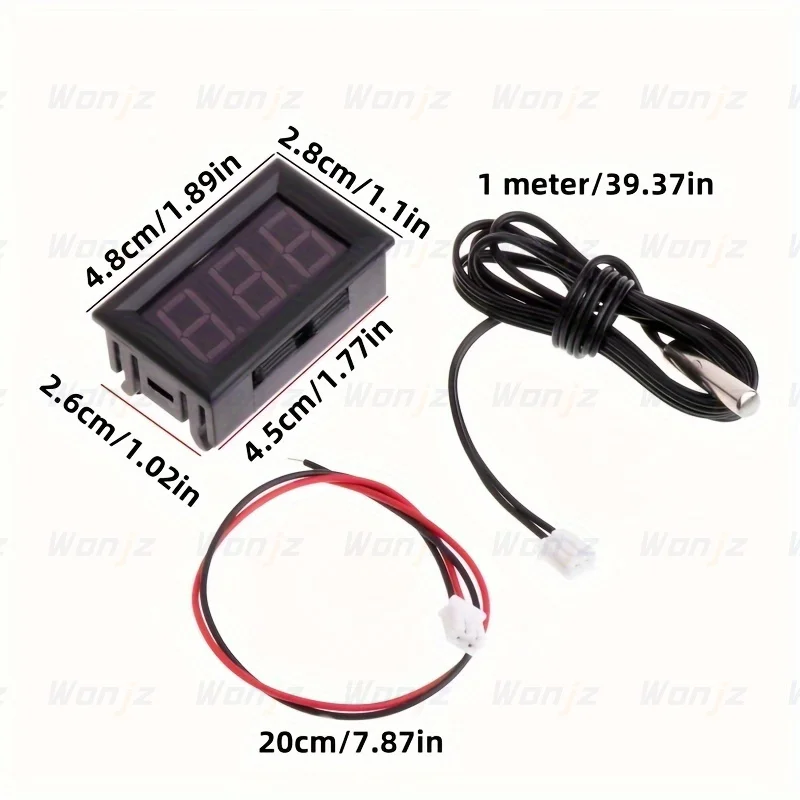 Temperature digital display module kit with probe, available in red, blue, and green; compatible with ESP32 and Raspberry Pi.