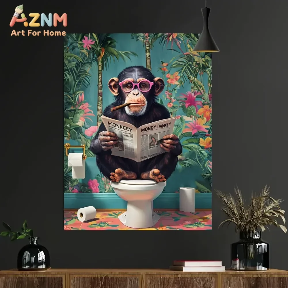 AZNM Funny Monkey Canvas Wall Art Chimpanzee On Toilet Reading Newspaper Tropical Floral Background Print Poster Humor Bathroom