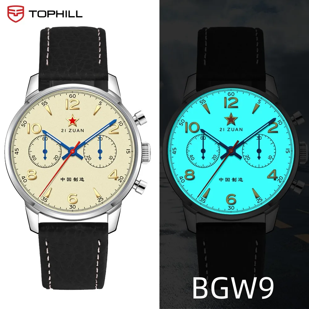 TOPHILL 40mm 1963 Men\'s Watch Mechanical Chronograph Seagull ST1901 Movement Pilots Super LumiNous BGW9 Leather Strap Wristwatch