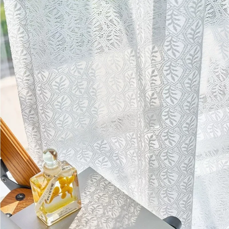 Fresh and Simple White Leaf Jacquard Lace Gauze Curtains Living Room Bedroom Balcony Curtains