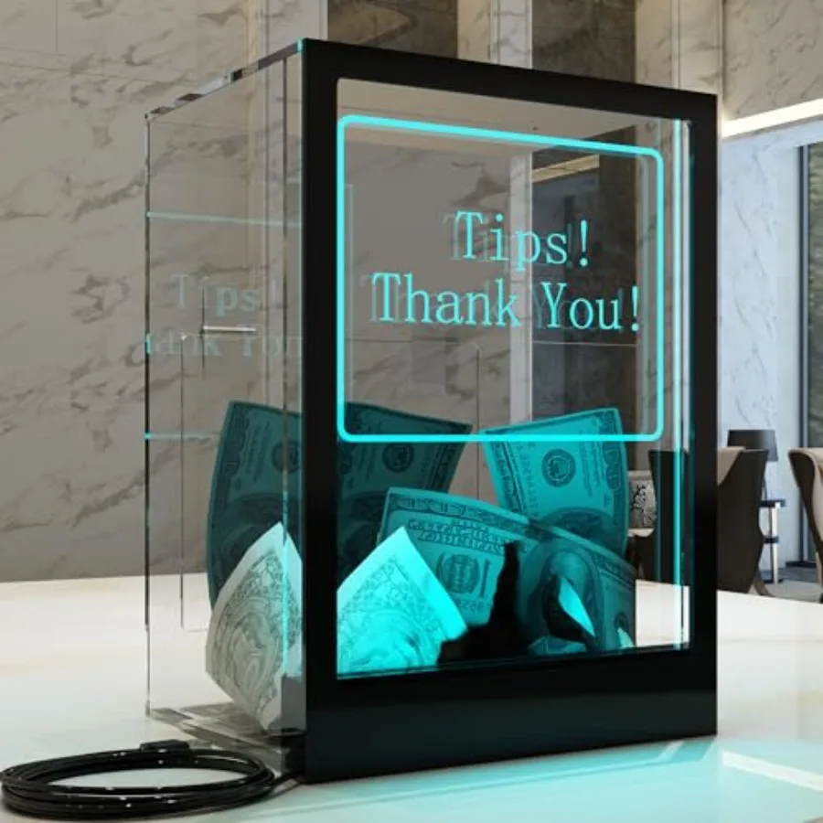 

Tip Jar with 2 Sign Holders LED Light and Lock for Bar and Party Donation Box with Sign Holder ''Tips! Thank You!'' Suggestion