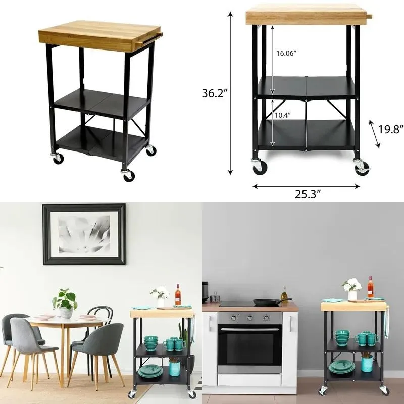 Modern Mango Wood Folding Kitchen Cart 1 Layer Rolling Chef Trolley for Wine Food Microwave Outdoor Use