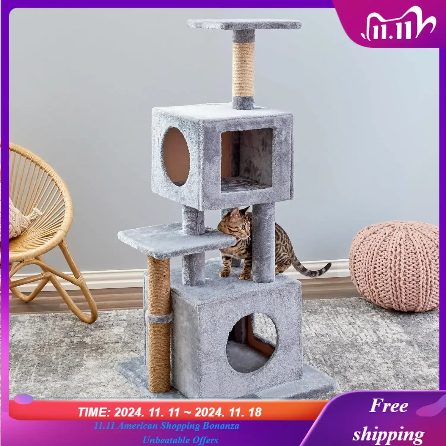 Two by Two Columbus - Gray Scratching Post Cat Furniture - 50.5 in. Tall