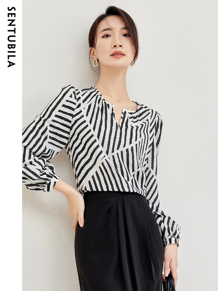 

SENTUBILA Women Elegant Print Chiffon Blouses and Tops 2024 Fashion Contrast Striped Round Neck Puff Sleeve Loose Autumn Shirts