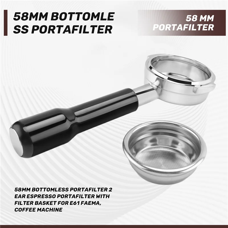 AF93-58 mm bodenloser Siebträger, 2-Ohr-Espresso-Siebträger mit Filterkorbteilen für E61 Rocket, Faema, Rancilio Coffee Mach