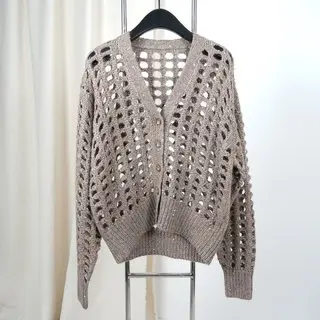 

Women's Knitted Cardigan 2024 New Spring Autumn Bead Chain Hollow Out V-neck Loose Casual Long Sleeve Sweater