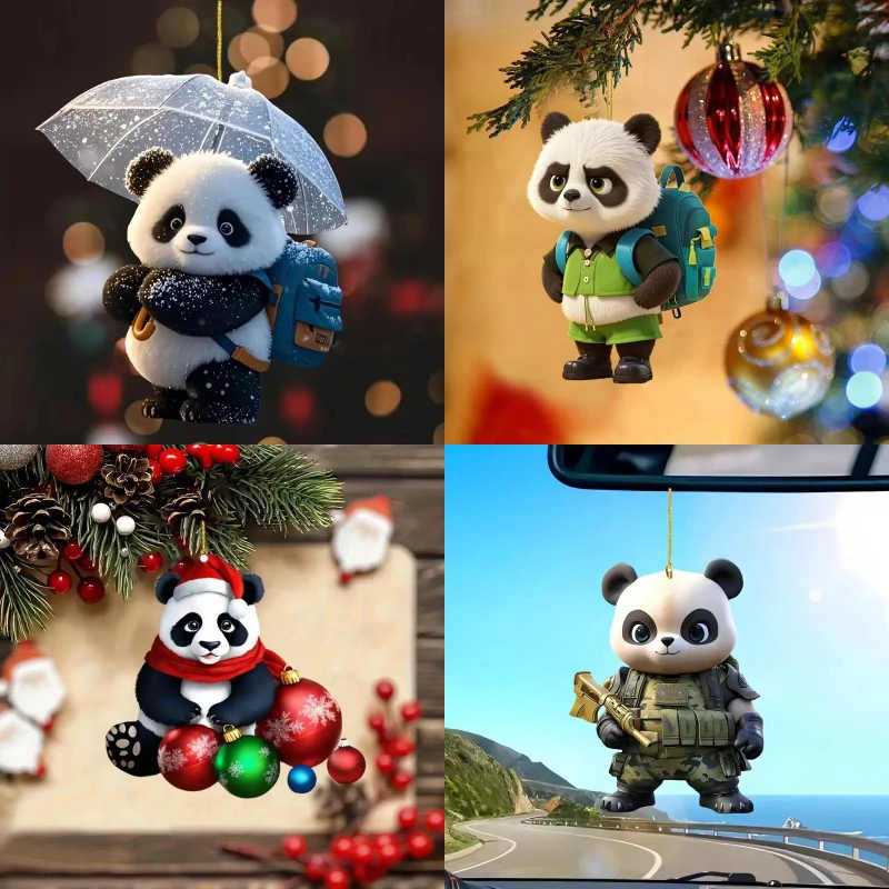 2D Flat Winter Panda Car Pendant Umbrella Backpack Snow Panda Rearview Mirror Hanging Decor Keychain Christmas Tree Decor Gift