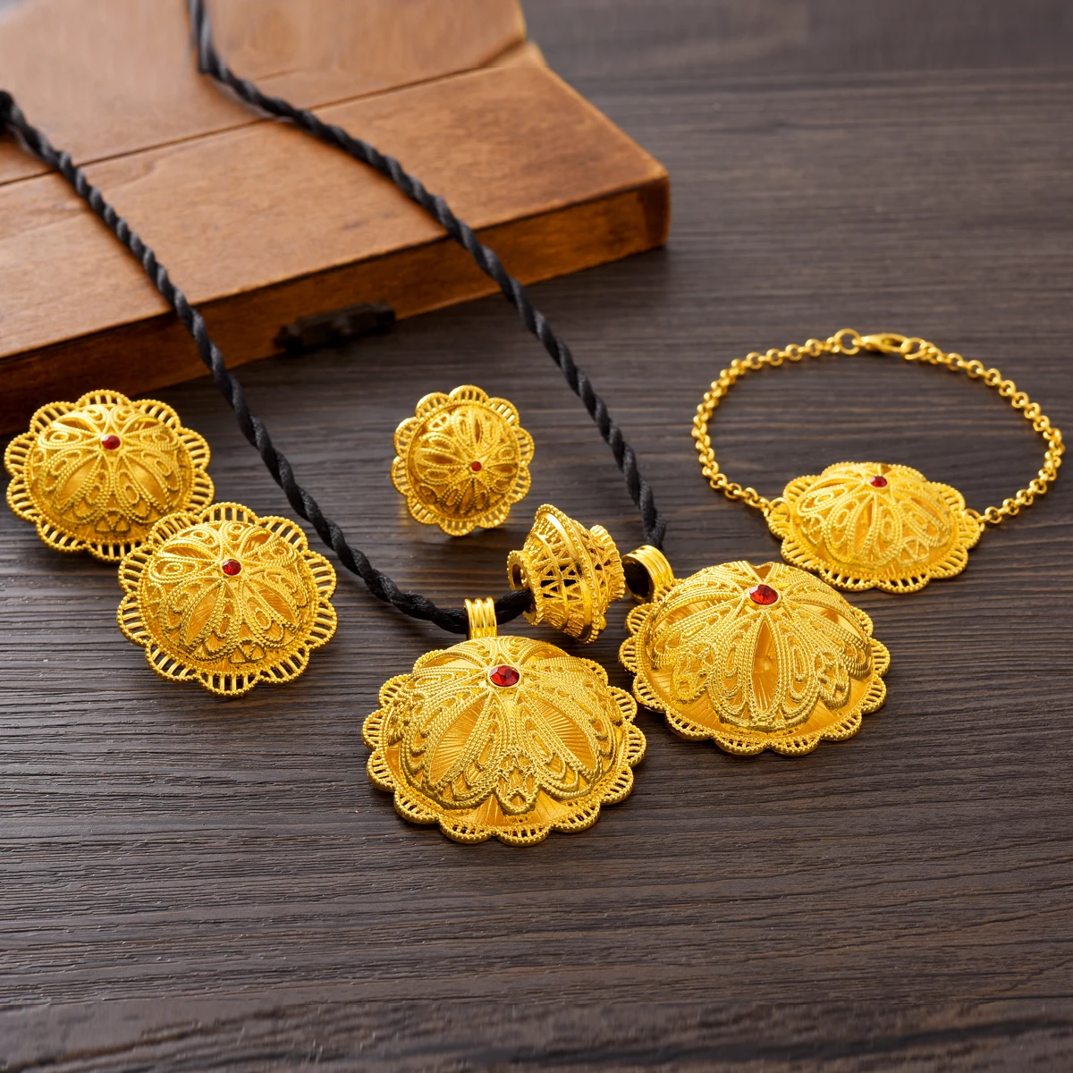 1 Set African Classic Golden Color Ethiopian Jewelry Set Pendant Earrings Ring 3-Piece Set Eritrean Wedding Engagement Gift #267