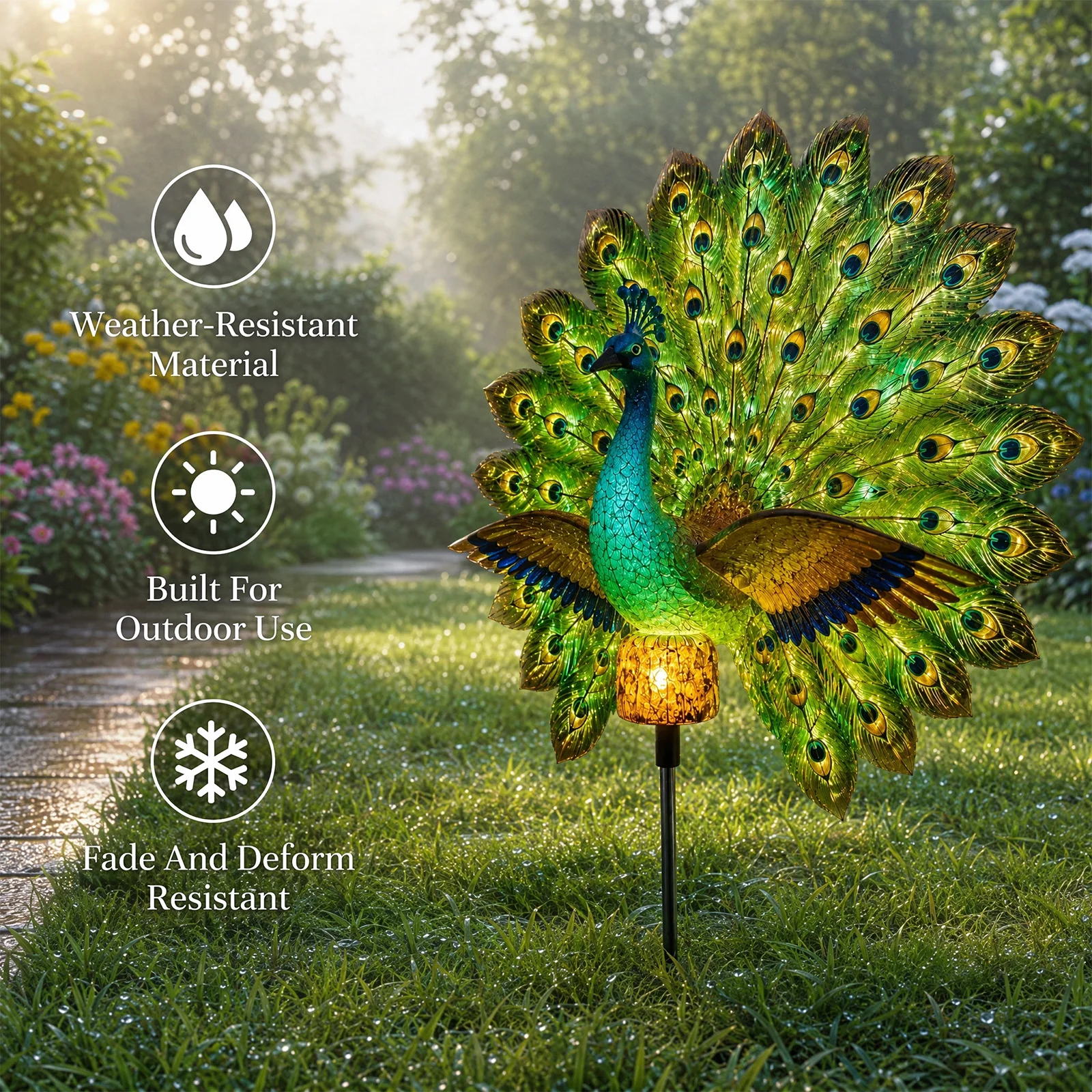 Solar Peacock Sculpture with LED Auto-On Light, Resin Waterproof Garden Stake Light, Animal Figurine Pathway Lamp, for Yard Lawn