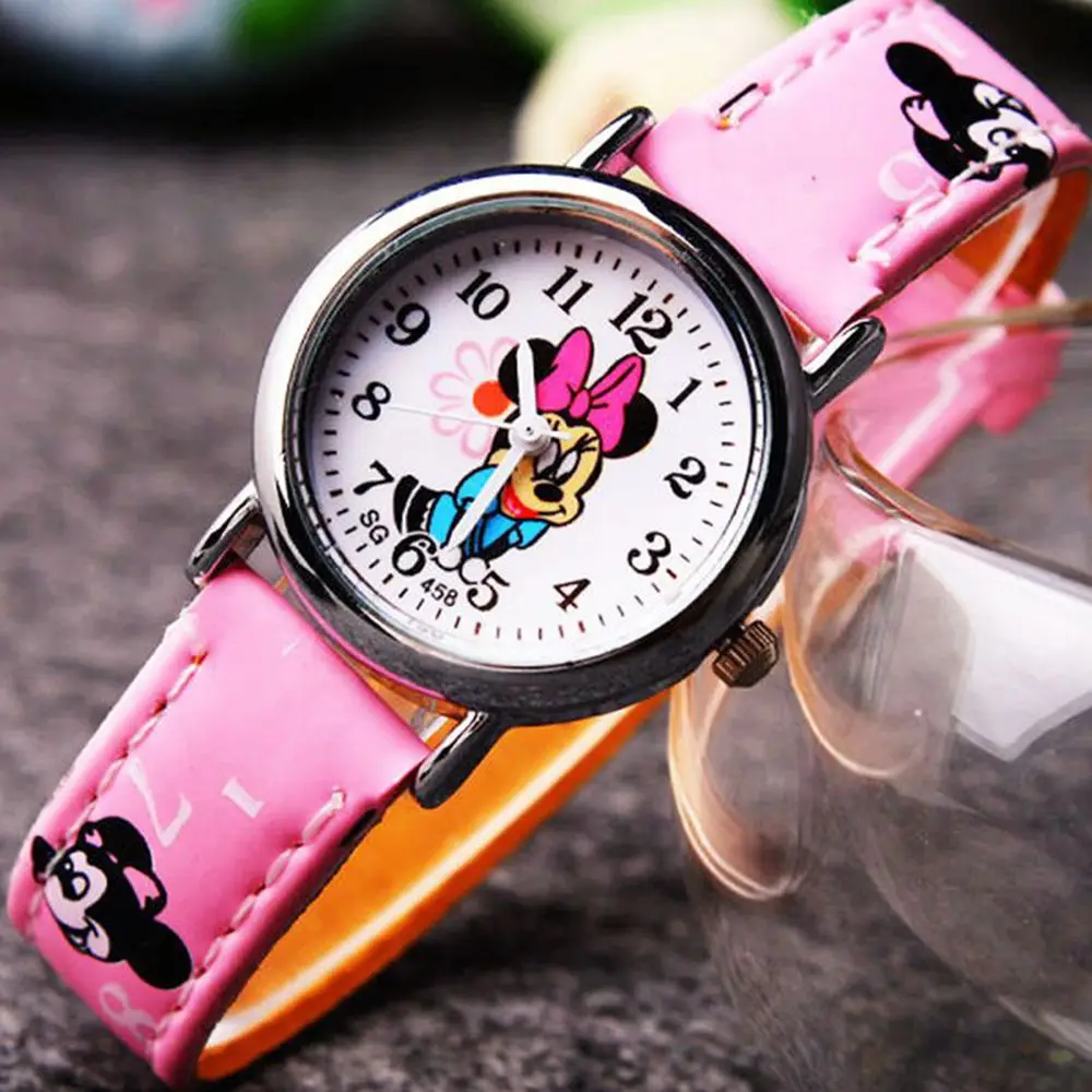 Cartoon Minnie Children's Watch Fashion PU Leather Strap Boys and Girls Student Watch Suitable for Holiday Gifts
