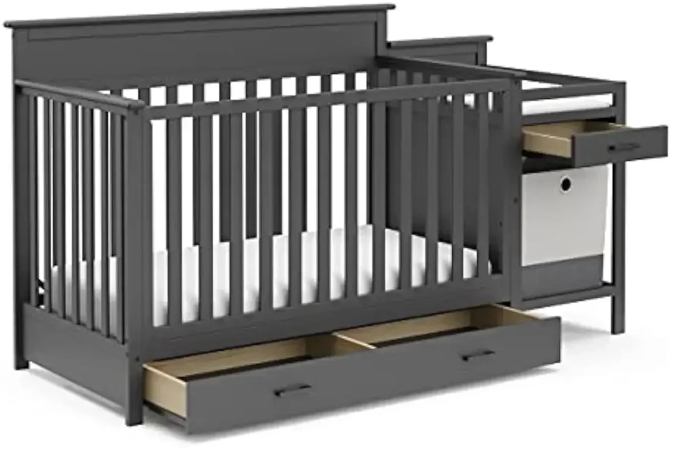 Convertible Crib and Changing Table Combo with Drawer, 4 in 1,  Bed, Changer, Gray, Converts to Toddler Bed