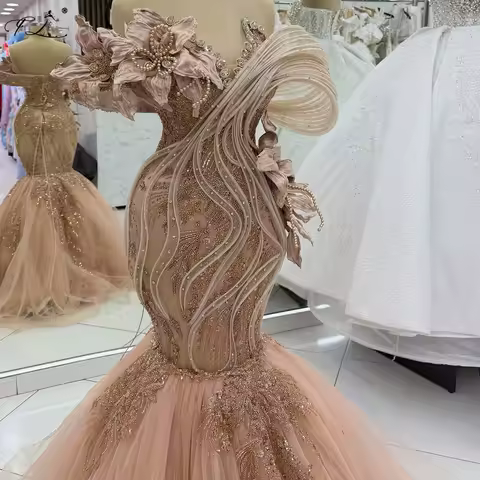 Champagne Beaded Floral Evening Gown Mermaid Dress With Crystal Sequin Tulle Trailing Ruffled Shoulder Evening Dress Grand Dress
