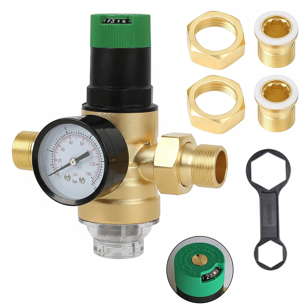 Image of Messing-Druckregler 3/4 Zoll, DN25 Reduzierventil mit Manometer & Filter, Einstellbar für Heim- und Industriegebrauch