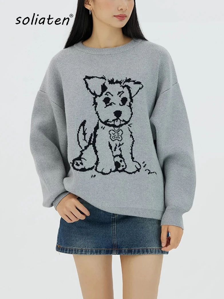 Women's Y2K Animal Jacquard Pullover Knit Sweater For Winter Gothic Style Grey Pullover Sweaters For Female C-106