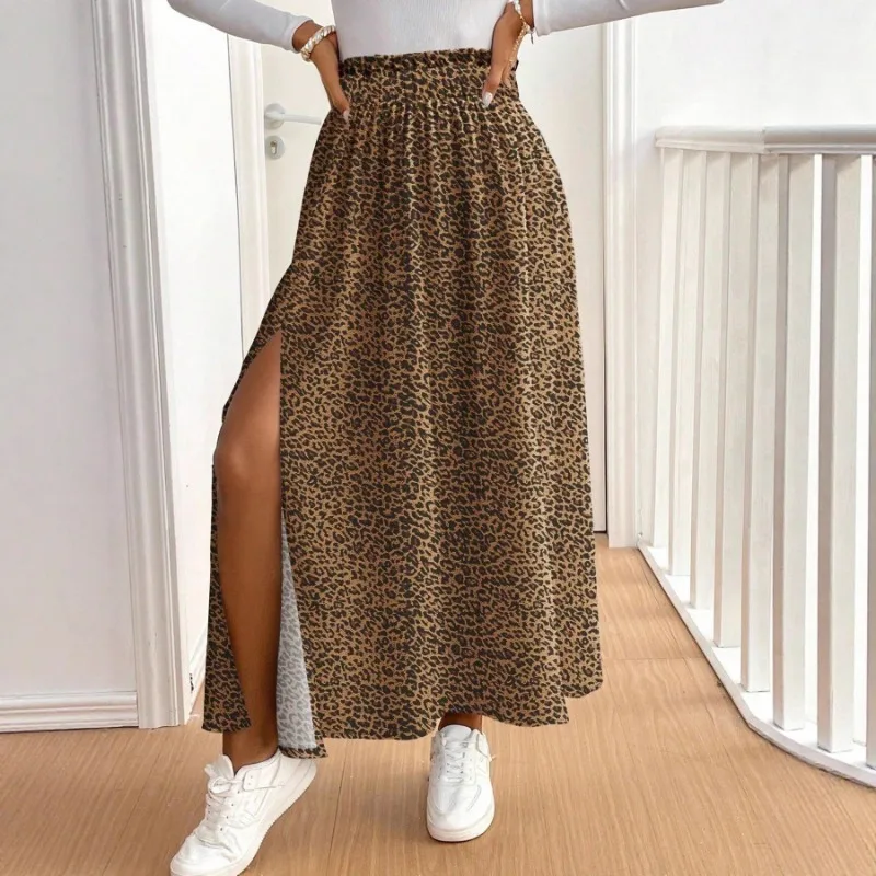 Women's New Leopard Print Floral Skirt Slit A-Line Hip Cover High Waist Long Skirt