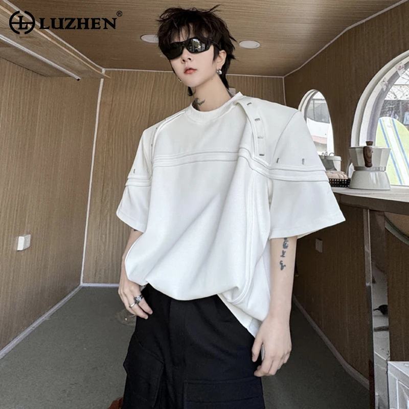 

LUZHEN Metal Decorate Stripe Splicing Design New Short Sleeved T Shirts 2024 Summer Solid Color Fashion Street Men's Tops LZ2988