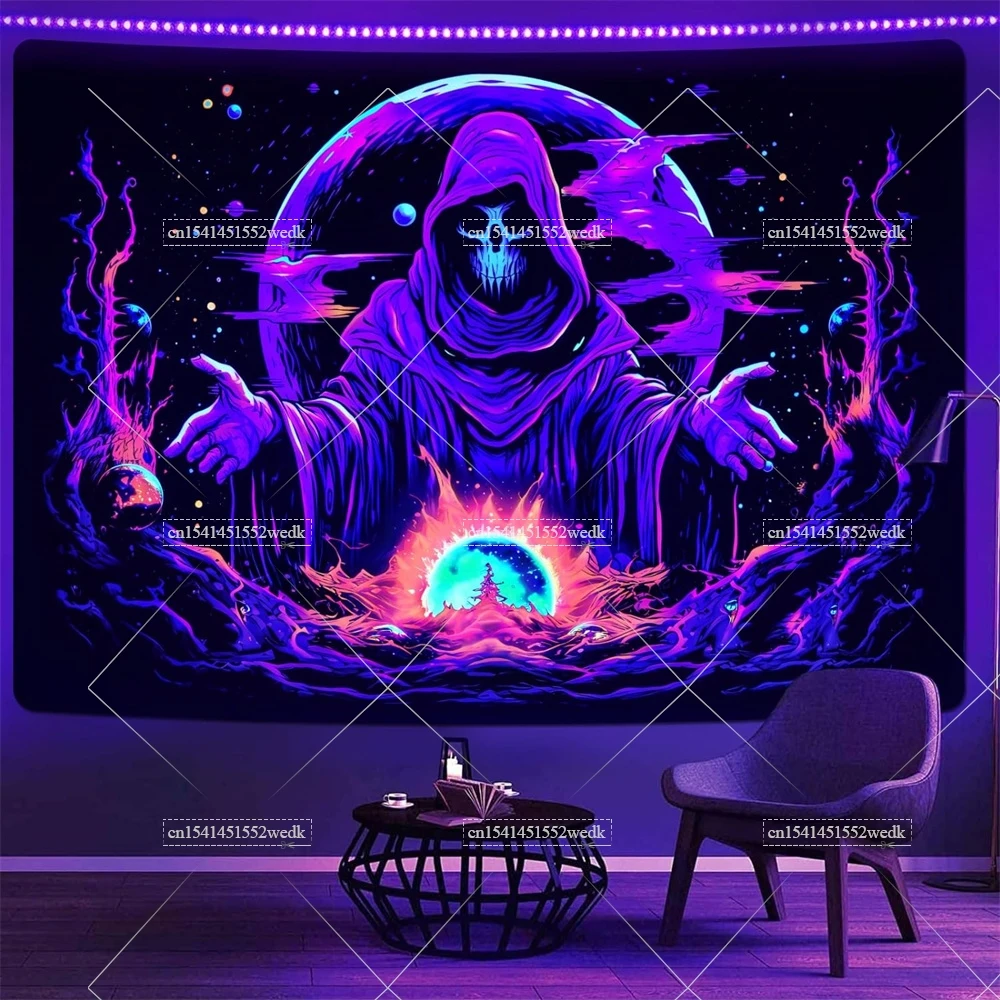 Blacklight Skull Wizard Tapestry UV Reactive Galaxy Space Black Light Tapestrys Neon Glow In The Dark Aesthetic Party Backdrops