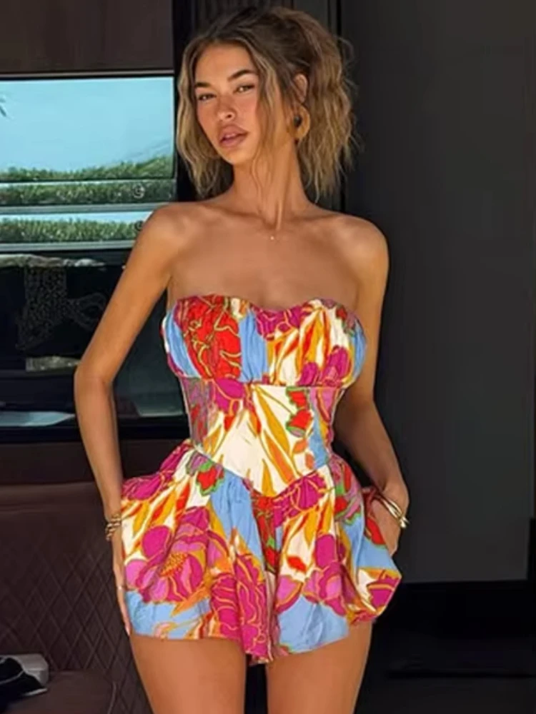 Insglas Sexy Doux Coloré Imprimer Bustier Robe Femmes Hors Épaule Dos Nu Ruché Volants Vacances Y2K Style Mini Moulante