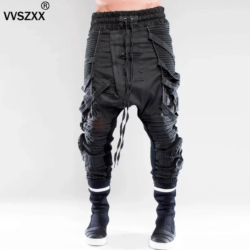 Men's Asymmetric Straped Multi Dimensional Pockets Casual Pants Heavy Industry Distressed Darkwear Trousers Male