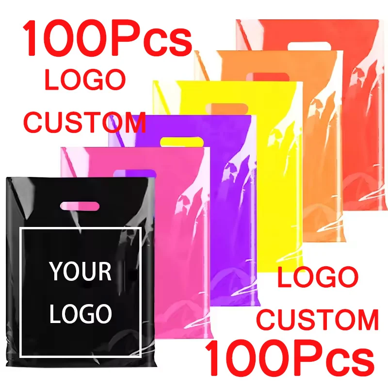 

Пластиковые сумки для покупок с логотипом, бутиковые сумки с ручками, 100 шт., многоразовый пластиковый пакет для подарков, торговых шоу