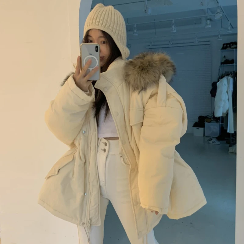 Fur Collar Drawstring Waist All-match Simple Coats 2024 Winter Korean Chic Parkas Thick Warm Long-sleeved Cotton-padded Coat