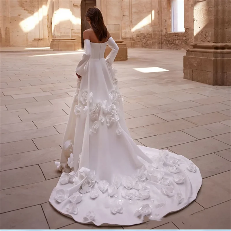 فستان زفاف عربي سعودي مزين بالزهور رداء De Mariage مخصص بدون حمالات ذيل محكمة بدون ظهر من الساتان فساتين زفاف العروس #2