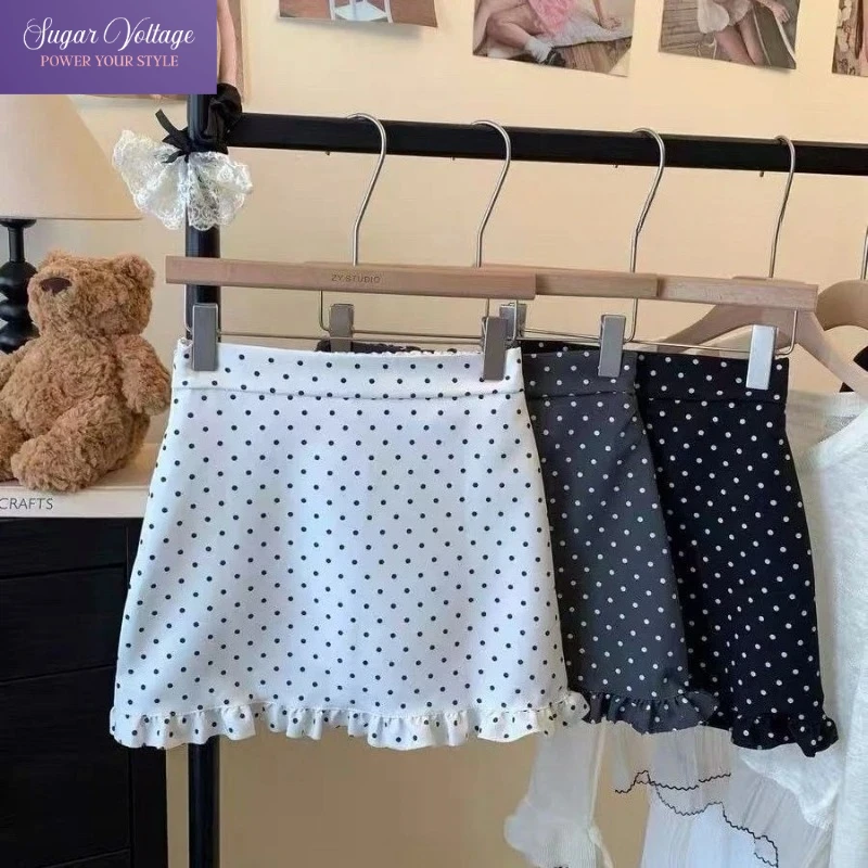 Korean Style Polka Dot Ruffle Mini Skirt for Women Summer High Waist Slim Fit A Line Skirt Chic Petite Cute Sexy Office Clothes
