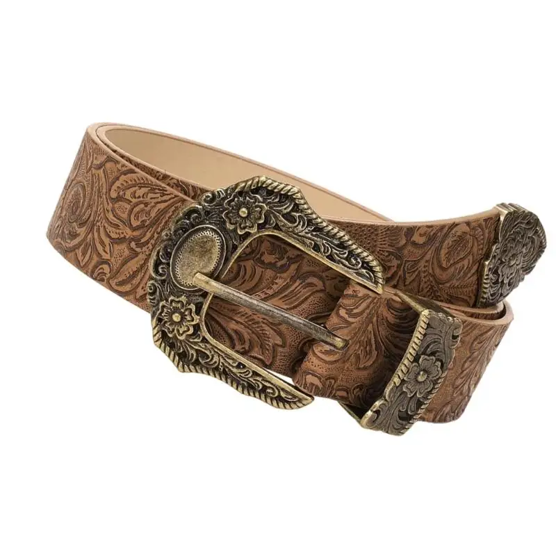 39BD Waist Belt Pin Clasp Wide Waistband Featuring Printed Retro Design and PU Leather Ensuring Comfortable