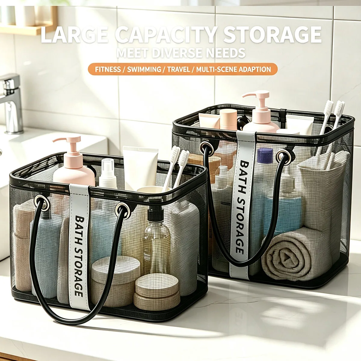 Portable Mesh Toiletry Bag Handle Quick Drying Large Capacity Bathroom Shower Travel Makeup Tote Handbag Organizer Basket