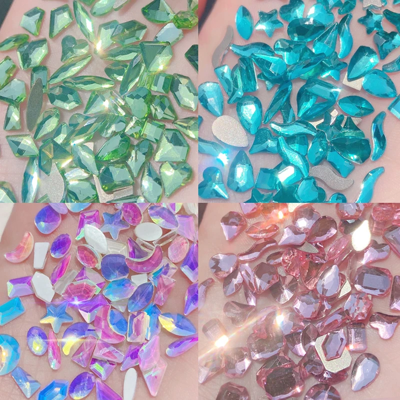 100Pcs Mix Shaped Shiny Crystal Nail Art Rhinestones Zomer Groen Blauw Roze 3D Plaksteen Glas Diamanten Nail Sieraden Accessoires