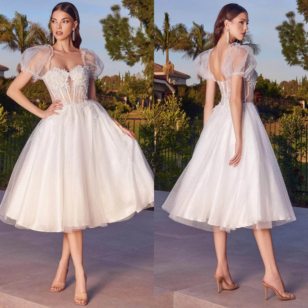 

Elegant White Cocktail Dresses for Women Glitter Sequins Appliques Prom Gowns Sexy Tea Length Homecoming Celebrity Skirts