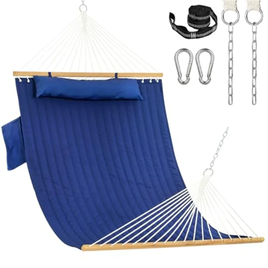 

10.5FT 2 Person Double Quilted Fabric Hammock with Spreader Bar, Detachable Pillow, Side Pocket, Carabiners, Chains, Straps for