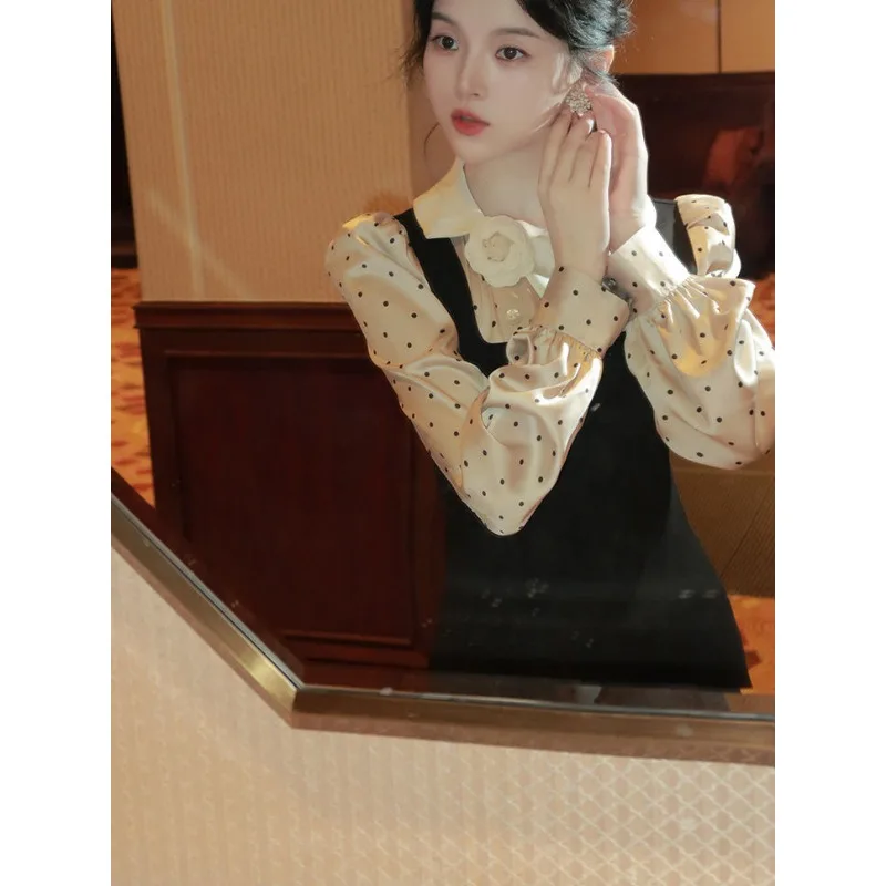 秋のレトロなフレンチウエスト削減と年齢削減サテン水玉模造ツーピーススリムヘップバーン気質ドレス