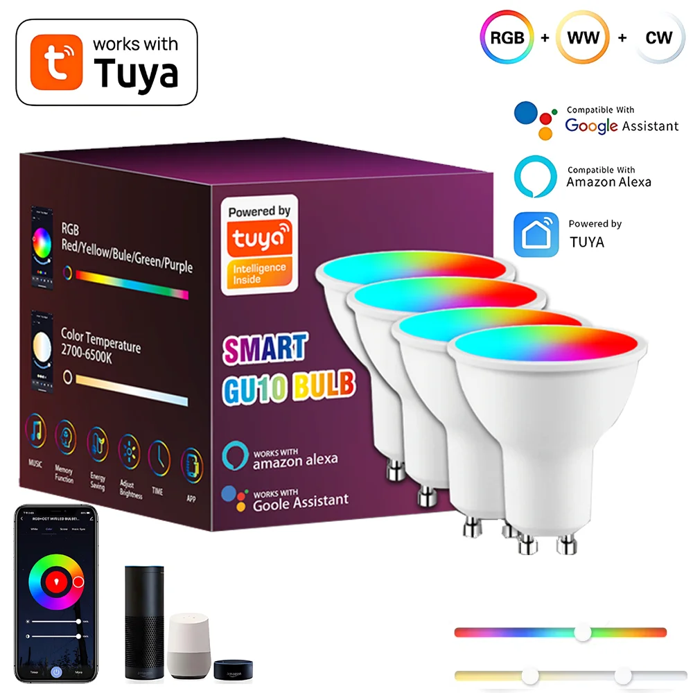 Tuya WiFi GU10 Smart Bulb Dimmable Led Light 16 Million RGB C+W Colors Candle Lamp App Voice Control Work with Alexa Google Home