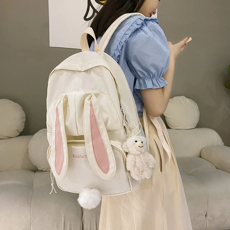 Cute Rabbit Ear Backpack for Teen Girls School Backpack Female Large Capacity Kawaii School Daypack Nylon Casual Student Bookbag