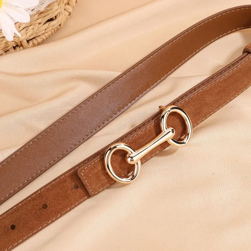 2024 Cross Border European and American Fashion Gold Double Circle Buckle Set Cowhide Velvet Belt Leather Belt