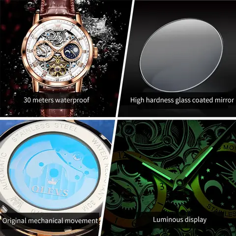 OLEVS 6670 Mekanisk Modeklocka Äkta Läderarmband Rund Urtavla Månfas Månadsvisning 10 best sales Parnis månfas - №7