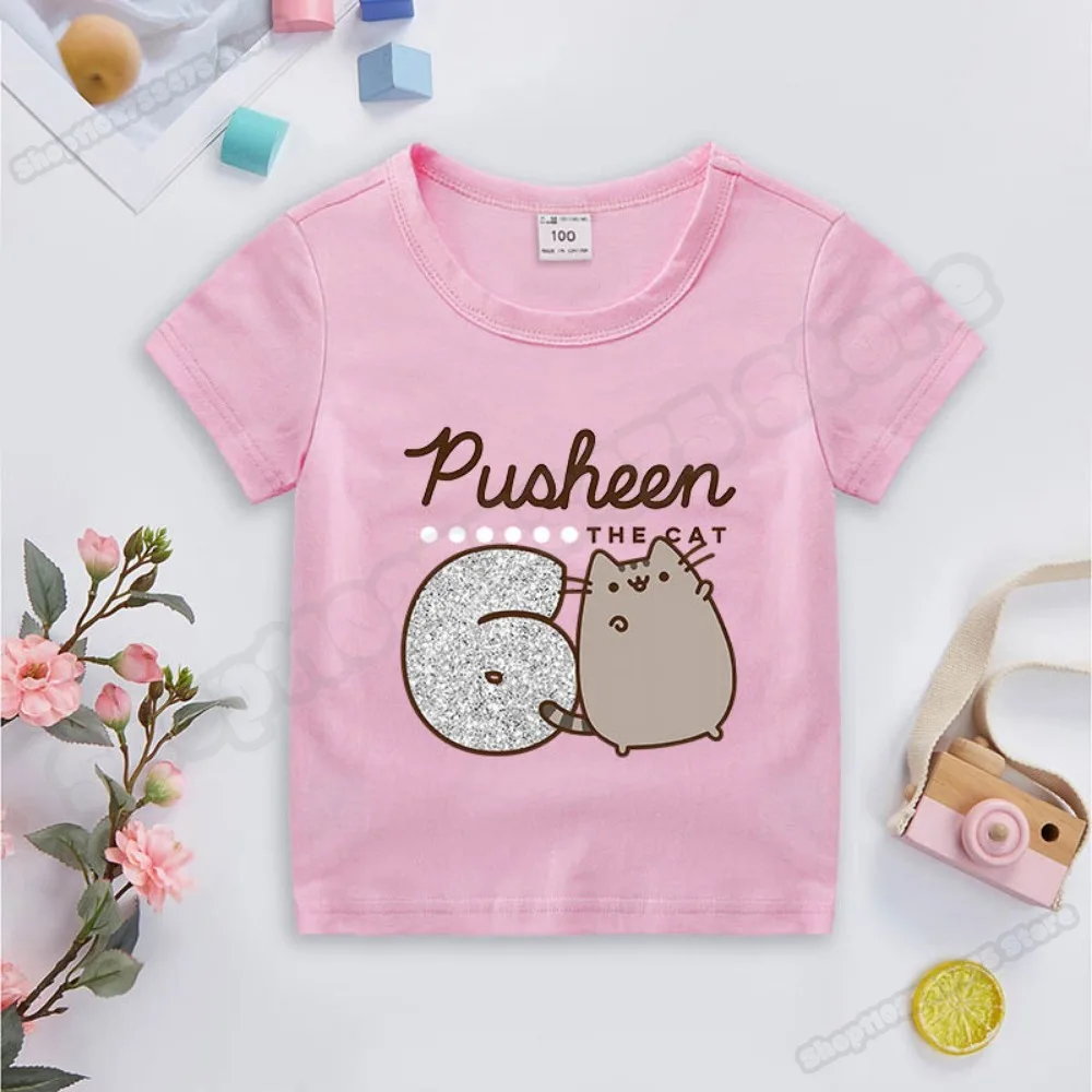 Pusheen Meisjes Cartoon Leuke T-shirt Kinderen Anime Kawaii Tee Kids Casual Katoenen Kleding Zomer Verjaardag Nummer Top Geschenken 2024