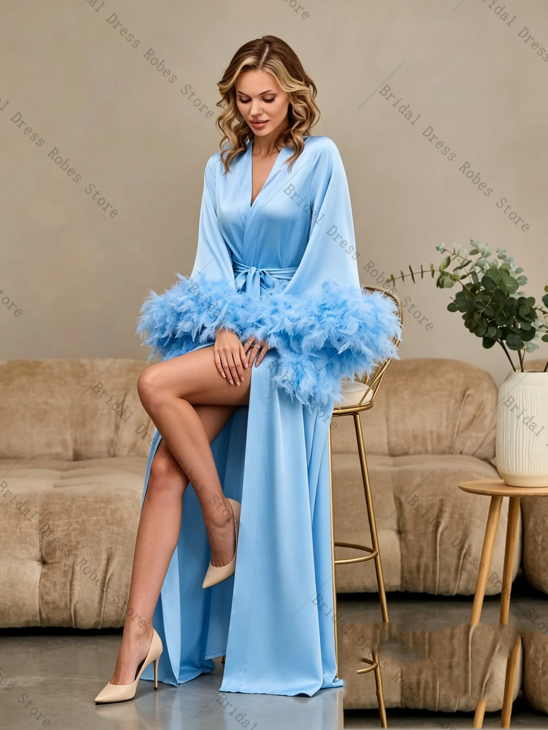 

Ostrich Feathers Blue Women Prom Dress For Photoshoot Formal Sexy V Neck Belted Bridal Morning Robe Customized Night Gown