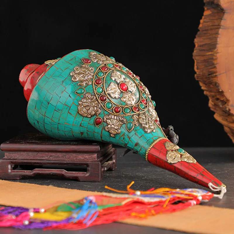 Handmade Conch Trumpet Tibetan Buddhist Decorative Ornaments Conch Shell Trumpet Eight Auspicious Signs Carving Conches