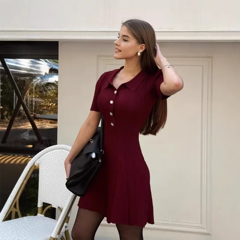 

Women Fashion Solid A-line Knitted Mini Dress Polo-neck Short Sleeve Single Breasted Empire Waist Slim Casual Dresses Vestidos