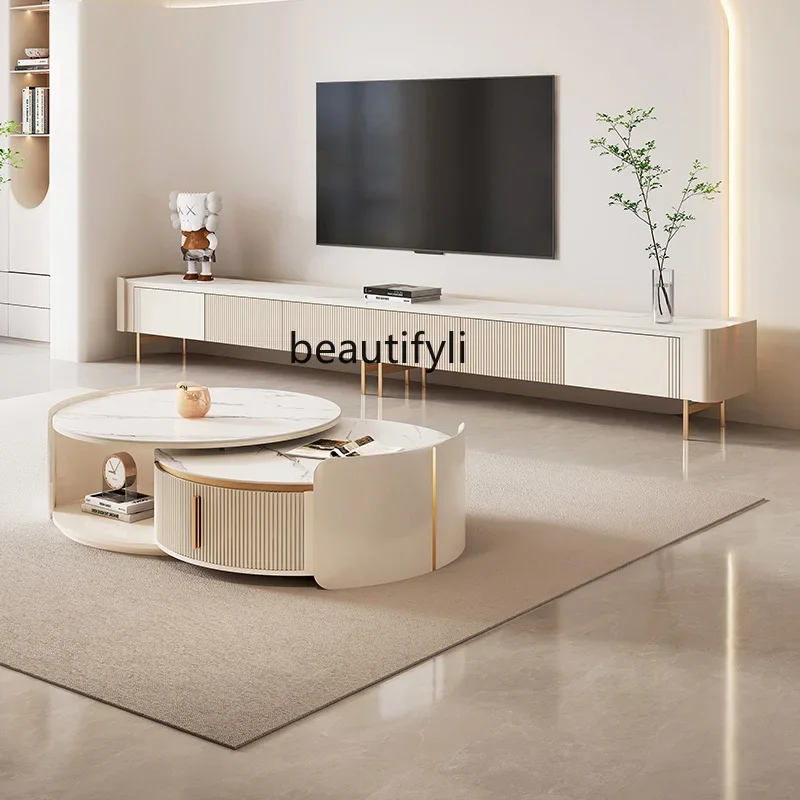 Rock slab round coffee table cream style living room household simple modern light luxury telescopic size round combination