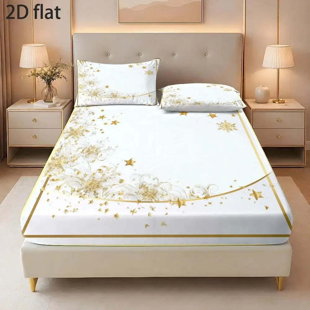 3-Piece Mattress Protector Set, Christmas Decoration 2D Flat Priting, Mattress Cover, Gold Snowflake and Star Decoration, Minimalist Style, Christmas, Mattress Cover Suitable for All Seasons, Machine Washable, Suitable for Home, Dormitory, Master Bedroom, Guest Room, Soft and Skin-Friendly, Dust-Proof and Mite-Proof, High Elasticity Fit, Easy to Store and Portable