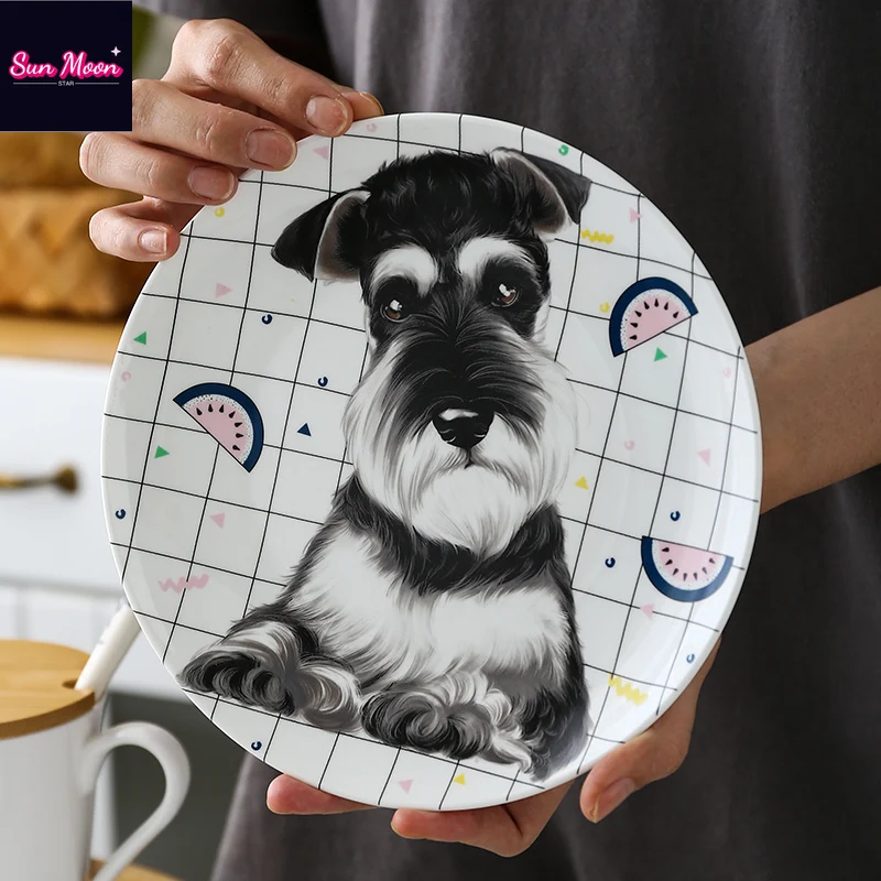 Cute Pet Schnauzer Bone China Shallow Plate Western Food Plate Creative Decorative Plate Household Dinner Plate Tableware Gift