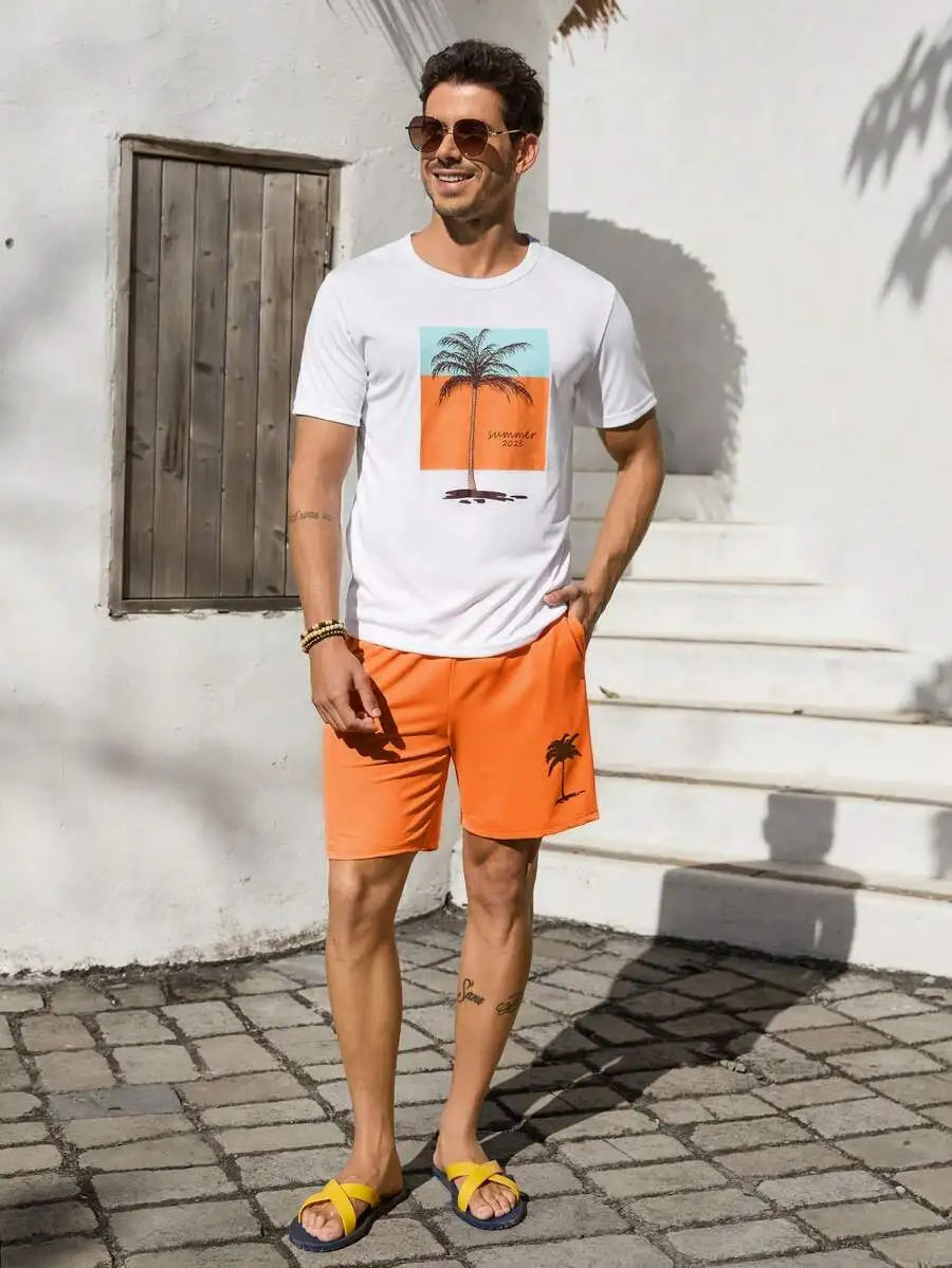

Mens Palm Tree Print Round Neck Short Sleeve T-Shirt And Drawstring Waist Shorts Set Casual Vacation Outfit