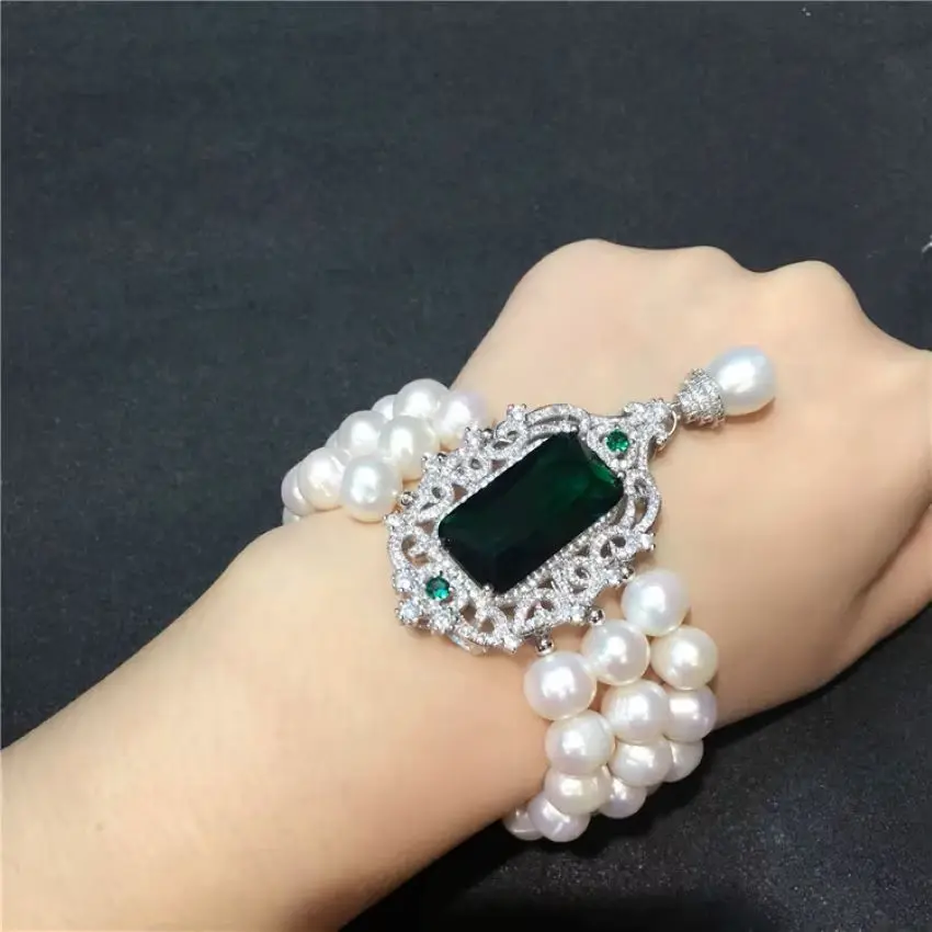 18-20cm Popular Trendy Three-Rows Multi-layer Natural South Sea 7-8mm White Pearl Zircon Bracelet Suitable For Any Occasion