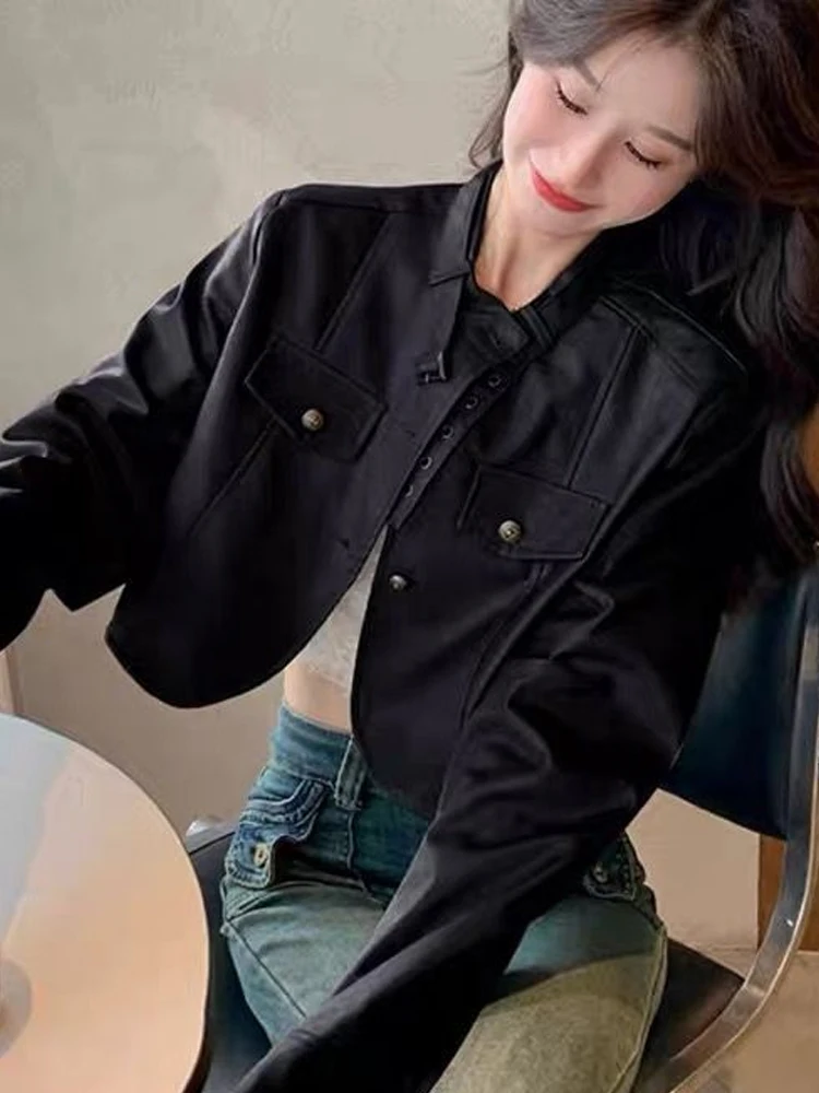 Korean Outer Black Cropped Leather Jacket Women Chic Punk Button Design Faux Coat Casual Streetwear Moto Biker Leather Jacket