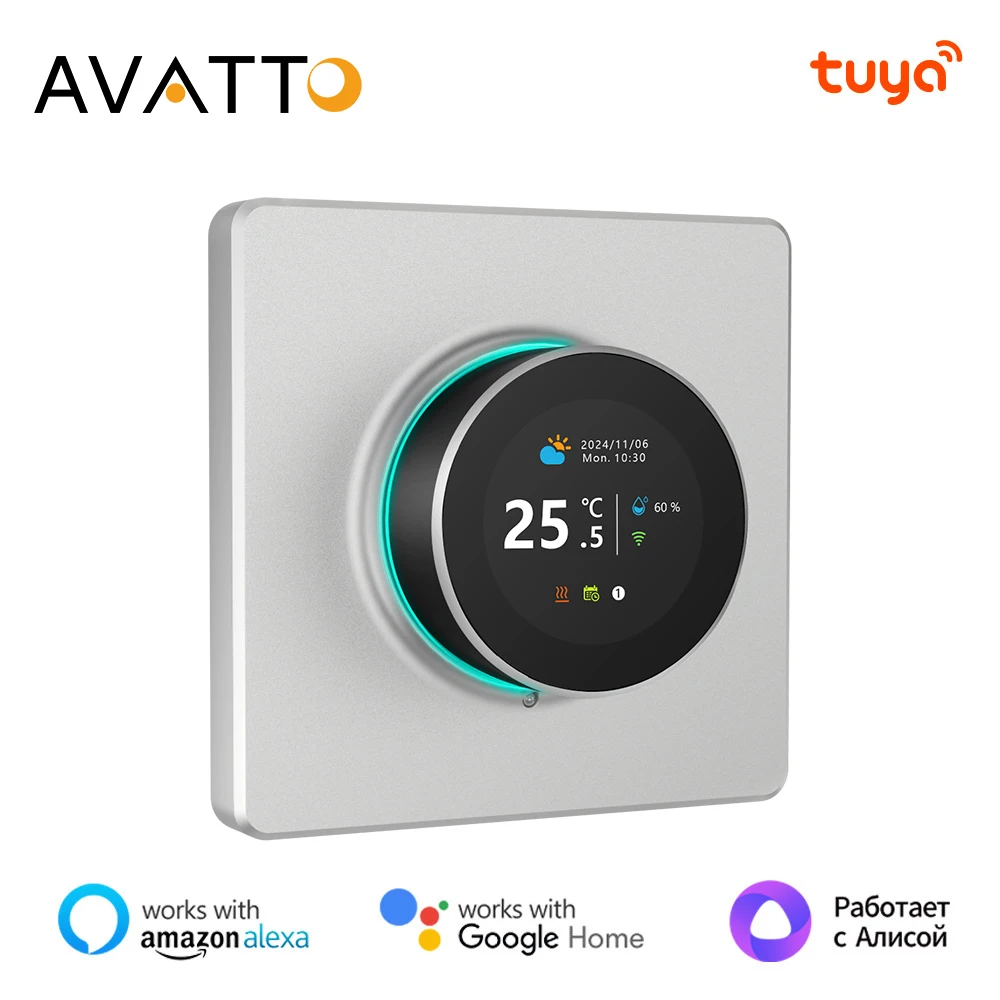 

AVATTO Tuya Wi-Fi умный термостат с ручкой и окружающим освещением, умный электрический регулятор температуры для подогрева пола, водяной/газовый котел